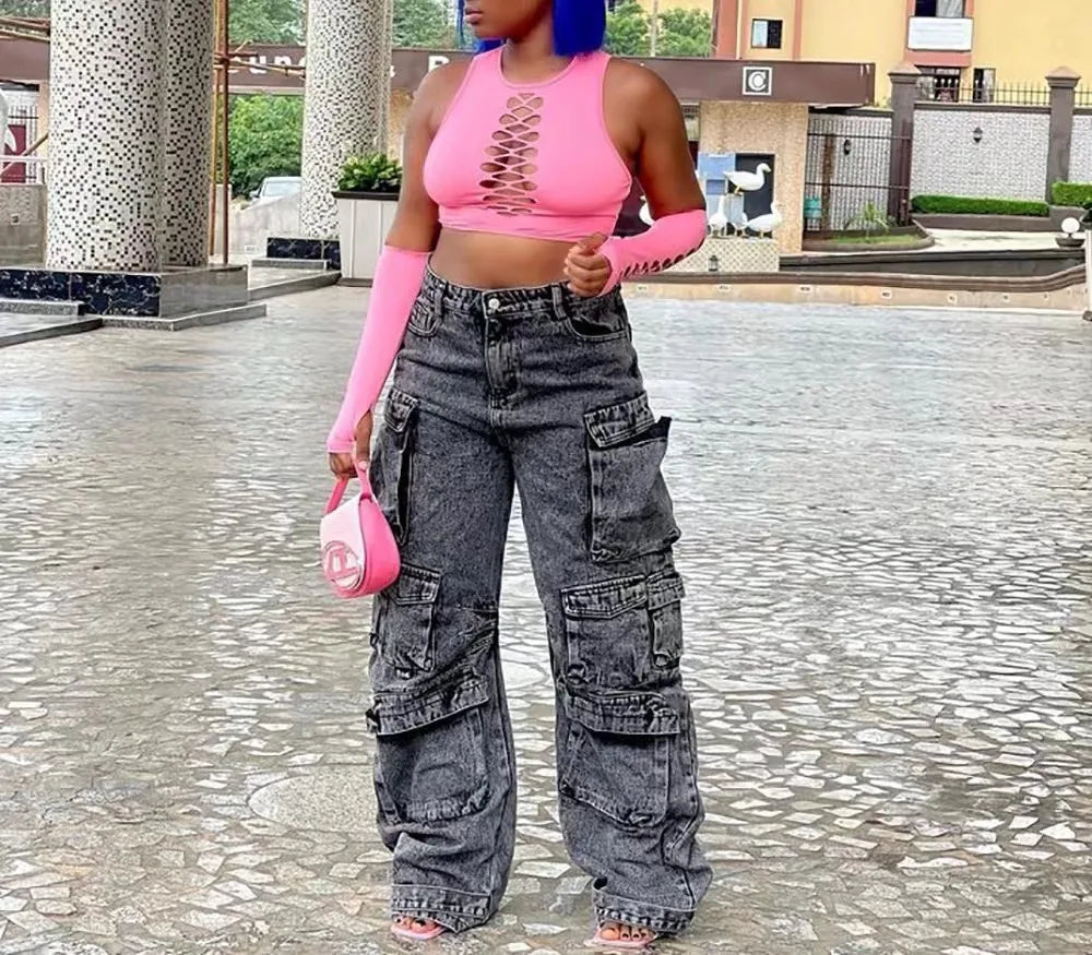 omen’s Wide-Leg Cargo Jeans – High Waist, Utility Pockets, Urban Style