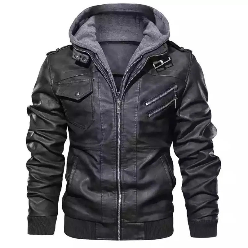 2025 PU Zipper Winter and Autumn Casual Hooded Zipper Young Black Stand-up Collar Men's Leather Jacket