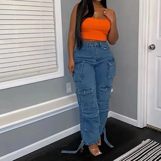 omen’s Wide-Leg Cargo Jeans – High Waist, Utility Pockets, Urban Style